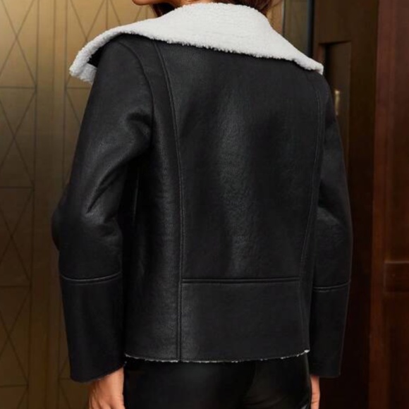 Black Vegan Leather Shearling Lined Moto Biker Jacket - Picture 4 of 5